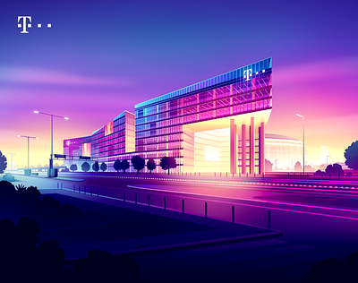 T mobile headquarters commission architecture brand city company futur gradient illustration light neon night retro sunlight vector