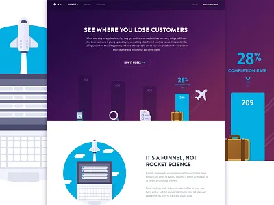 Funnels Landing Page color icons illustration landing mixpanel paper plane rocket spaceship