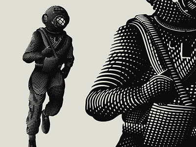 Deep Sea Athletics athletics cross hatching deep sea diver diver engraving etching illustration ocean runner xc