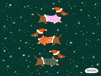 Dachshund thought the snow christmas cute dachshund design dog green illustration illustrator pattern pink santa hat stars winter