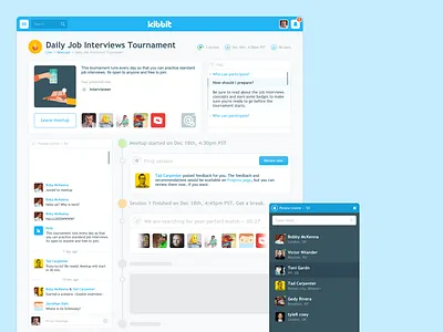 Meetup page for Kibbit chat coffee education faq icons job interview meetup messenger timeline timer
