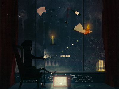 Exile alone book city dark exile flying objects hotel room illustration night rain room