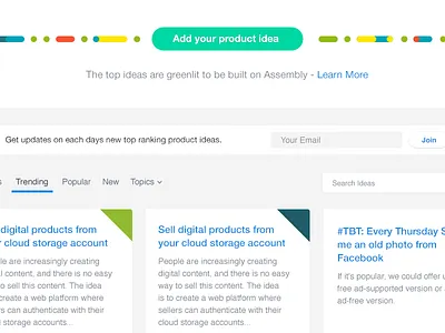 Submit your product ideas assembly cards grid helvetica interface personality pills product tiles