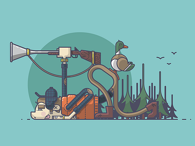 Duck Hunt blunderbuss duck fail flannel hunter illustration line art pine puff jacket rifle tree