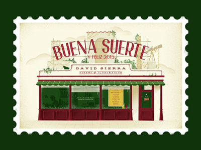 Buena suerte 2015 cat front shop happy new year house illustration new year sign storefront studio