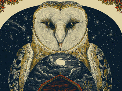 Avett Brothers New Years Vip Gigposter barn cosmic dance new years owl party screenprint