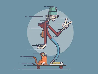 Long Board Cruisin' cat cruising dude illustration line art peace skateboard skateboarder skater