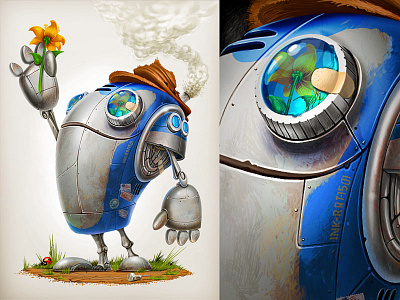 Romantic Robot bug eye flower glass grass hat leaf lens metal robot smile