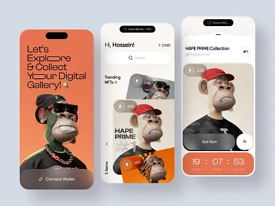 NFT Marketplace App 🐵🔥 3d 3d character bitcoin bloclchain crypto eth ethereum marketplace mobile mobile app nft nft design nft marketplace token ui ux