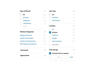 Filter Options checkbox filter input list results