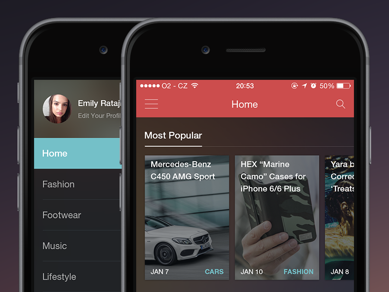 News Feed app dark feed ios navigation news sidemenu ui