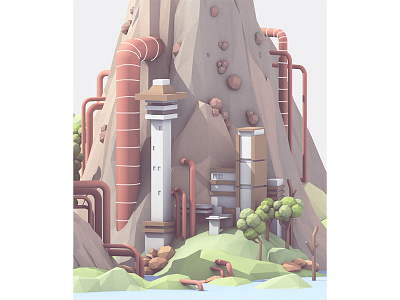 Hillside WIP 3d architecture c4d hills house model mountain pipes render tower trees water