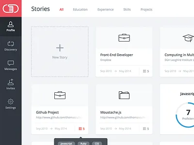 Stories cards education experience grid light manage minimal projects sidebar skills tiles