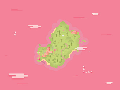 Pink Waters birds island map pink town trees