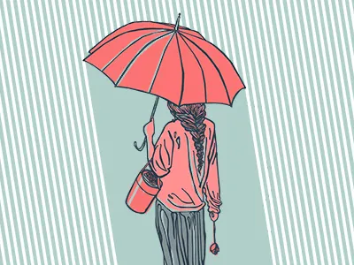 Under the rain color corail flower graphic green lines pastel rain umbrella woman