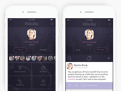 Shindig -- Where's the party at? home menu mobile app navigation profile ui ux wall