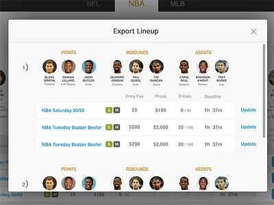 Export Lineup Modal athletes avatars lineup modal photoshop popup shadow box sports ui ux