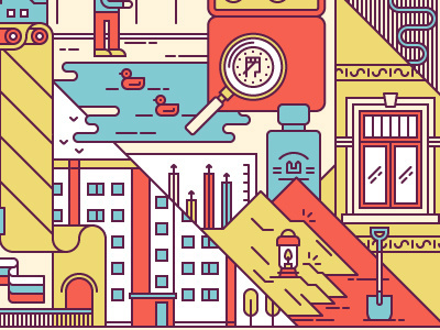 Profit bottle chart duck editorial house illustration line loupe money shovel tree windows