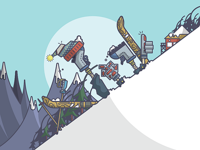 Skiing Down the Mountain... boots fail fall hat illustration line art mountain ski ski lodge tumble