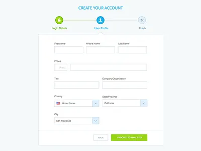 Create account process create account form progress signup step