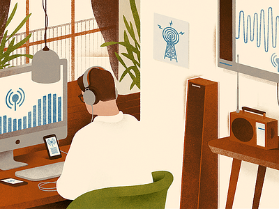 Radio editorial illustration man portrait radio room strategy waves