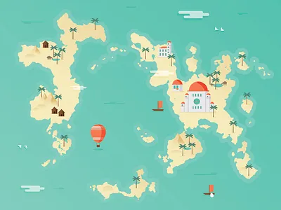 Sandy islands blue boat buildings fantasy hot air balloon illustration islands map sand trees