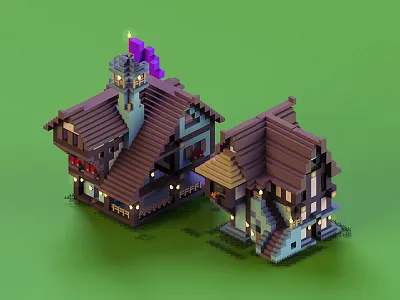 Medieval Houses 3d build cinema 4d cube flag grass medieval minecraft render