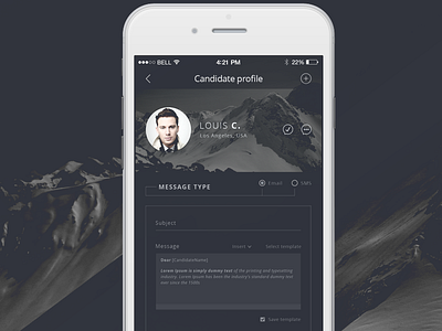 Talent Scout - Send message - iPhone 6 app candidate profile email ios iphone 6 job app send message sms talent scout ui design user experience user interface