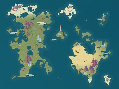 World map building cities fictional illustration islands lighthouse map mountains rivers trees water world