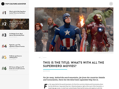 Pop Culture Monster - Post/Article Design blog magazine minimal redesign web design website white wip