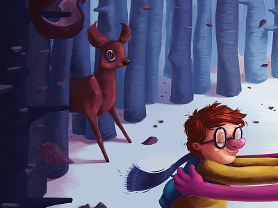 The Hug boy deer forest illustration monster owl painting pink squirrel trees winter