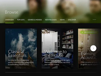 Music Library cards genres library material design moods music player playlist