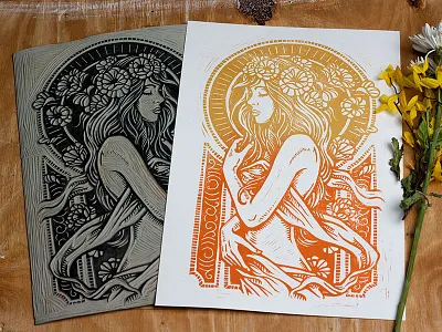 Dame De Fleurs - Block Print art art nouveau block print dame de fleurs design illustration linocut linoprint