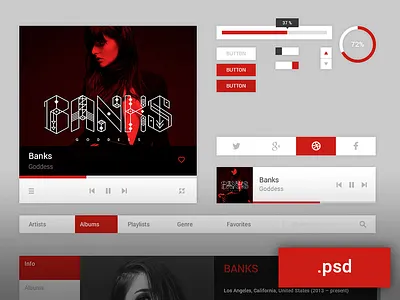Music UI kit - free PSD button flat free freebie gui interface kit music psd red resources ui