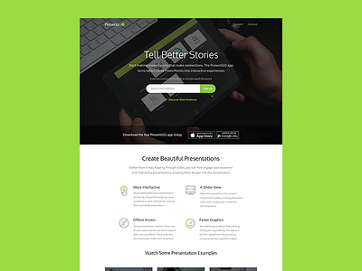 Presentigo Landing Page app site app website green website ipad app ipad mockup landing landing page nesetril presentations stroke icons strv strvcom