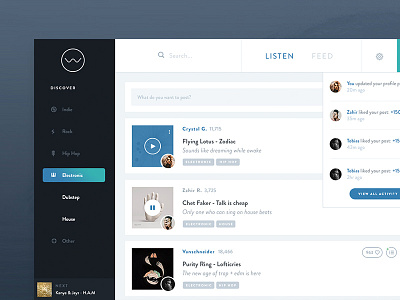 Music Player App: Feed app dark feed music notifications player social stream ui ux web