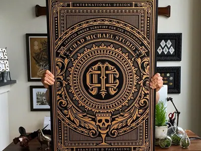 Studio Signage branding chalice design detail floral logo mongram ornate signage studio wood