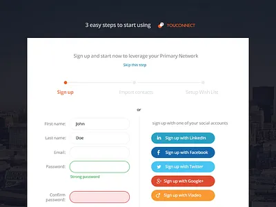 Signup form app city clean flat icon material signup ui ux widget