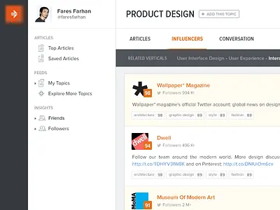 Influencers dark grey navigation orange rightrelevance sourcelist webapp white