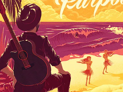 Twin Shadow in Hawaii! beach character editorial guitar hawaii hula illustration palmtrees surfer texture travel waves