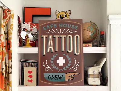 Safe House Sandwich Board brown gold green hand lettering hand painted lettering manicule paint painted sign sign painting tattoo