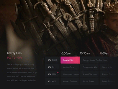 TV Guide concept animation app cable channel dvr guide tv ui ux