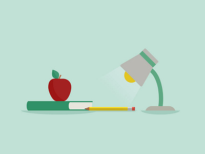 Students desk apple book clean desk desktop education flat illustration lamp pencil student the graduate