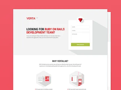 Vertalab landing page call to action flat gray icon landing page red ruby vertalab website white
