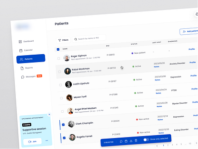 Platform for diagnosing mental health conditions - Patient List appointment data table depression doctor filtering health app healthcare linguistics machine learning medical app mental health minimalistic neuroscience patient data table patient list psychiatrist psychology saas sorting web app