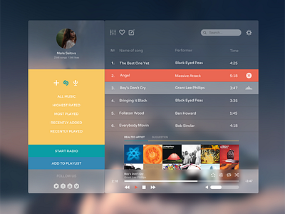 FW music player flat ios music player playlist profile ui ux yellow