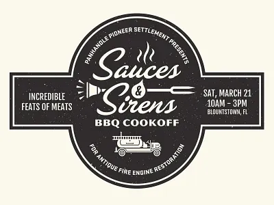 Sauces & Sirens badge bbq engine fire ladder logo meat sauces sirens smoker truck