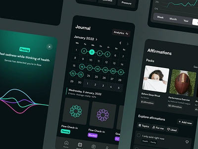 Sensie — Wellness App UI affirmations app dark mode design digital products emotions feelings flow flowing health journal mental health neuroscience personalized wellness relieve stress track ui wellness z1