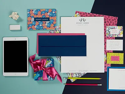 Penny James Brand Overiew (and yummy attachment) braizen brand coastal colorful giftwrap patterns ribbon seashell styling