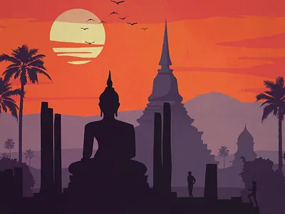 Vintage Thailand Poster buddha design illustration palm trees poster sunset thailand travel